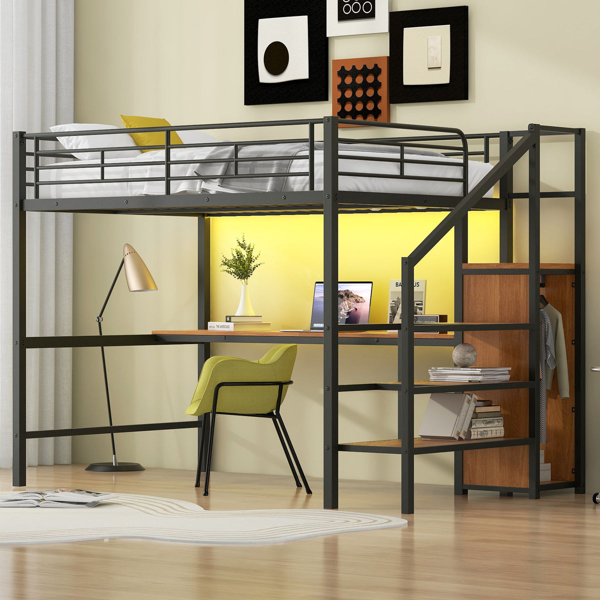 Full Size Loft Bed with Desk, Storage Staircase & Wardrobe - Black or White, photo 13 of 28