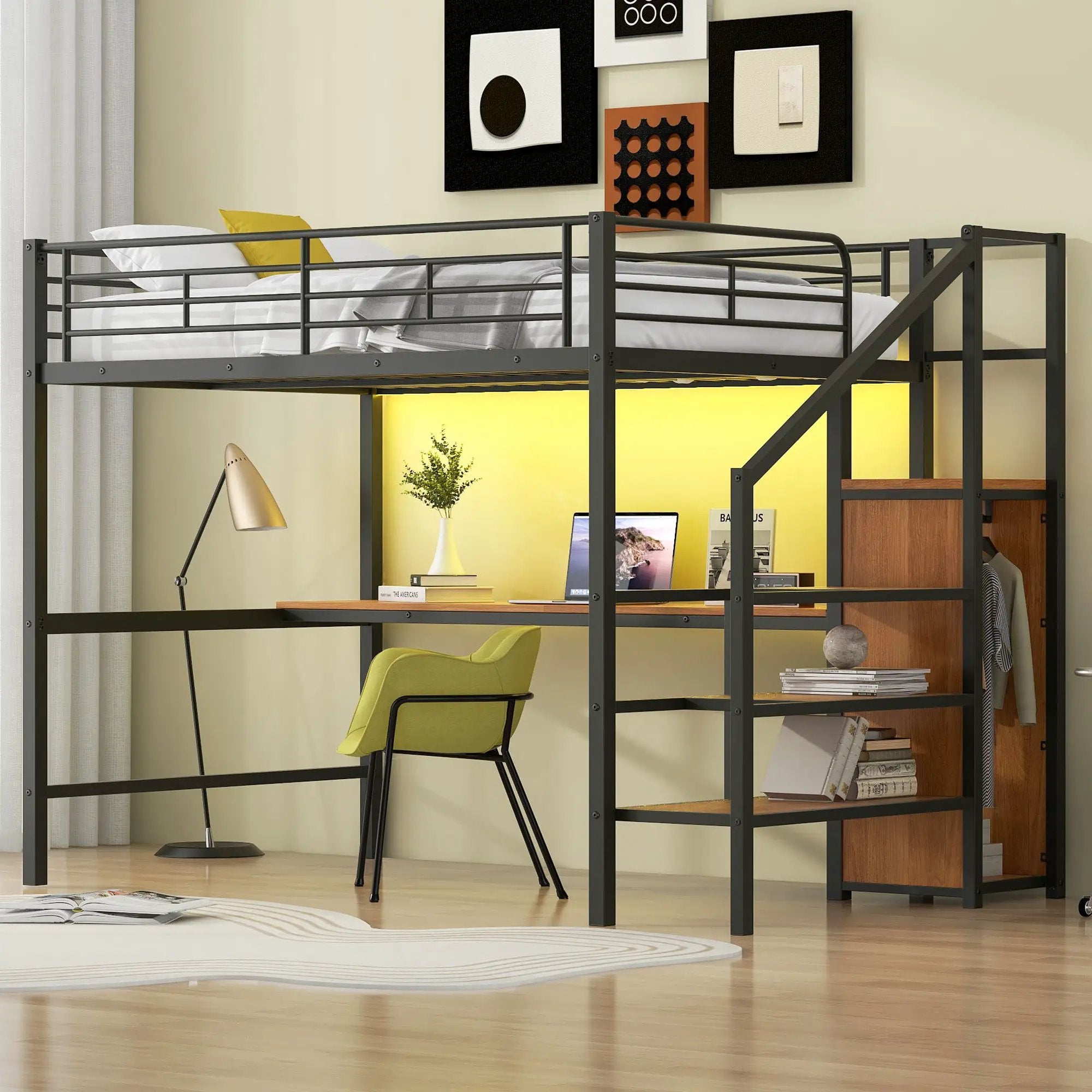 Loft Bed With Desk, Storage Staircase, Small Wardrobe And LED Light by Unique Piece Furniture