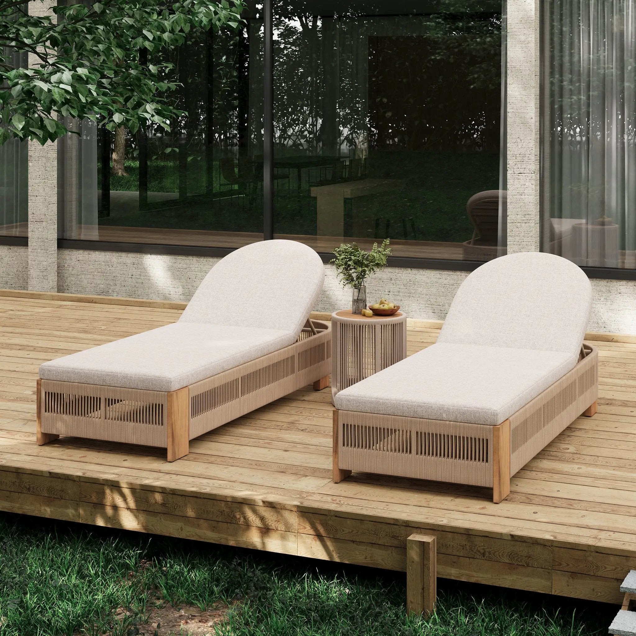 Outdoor Rope Chaise Lounge Set with Adjustable Backrest and Teak Look Side Table by HouseOfZazla