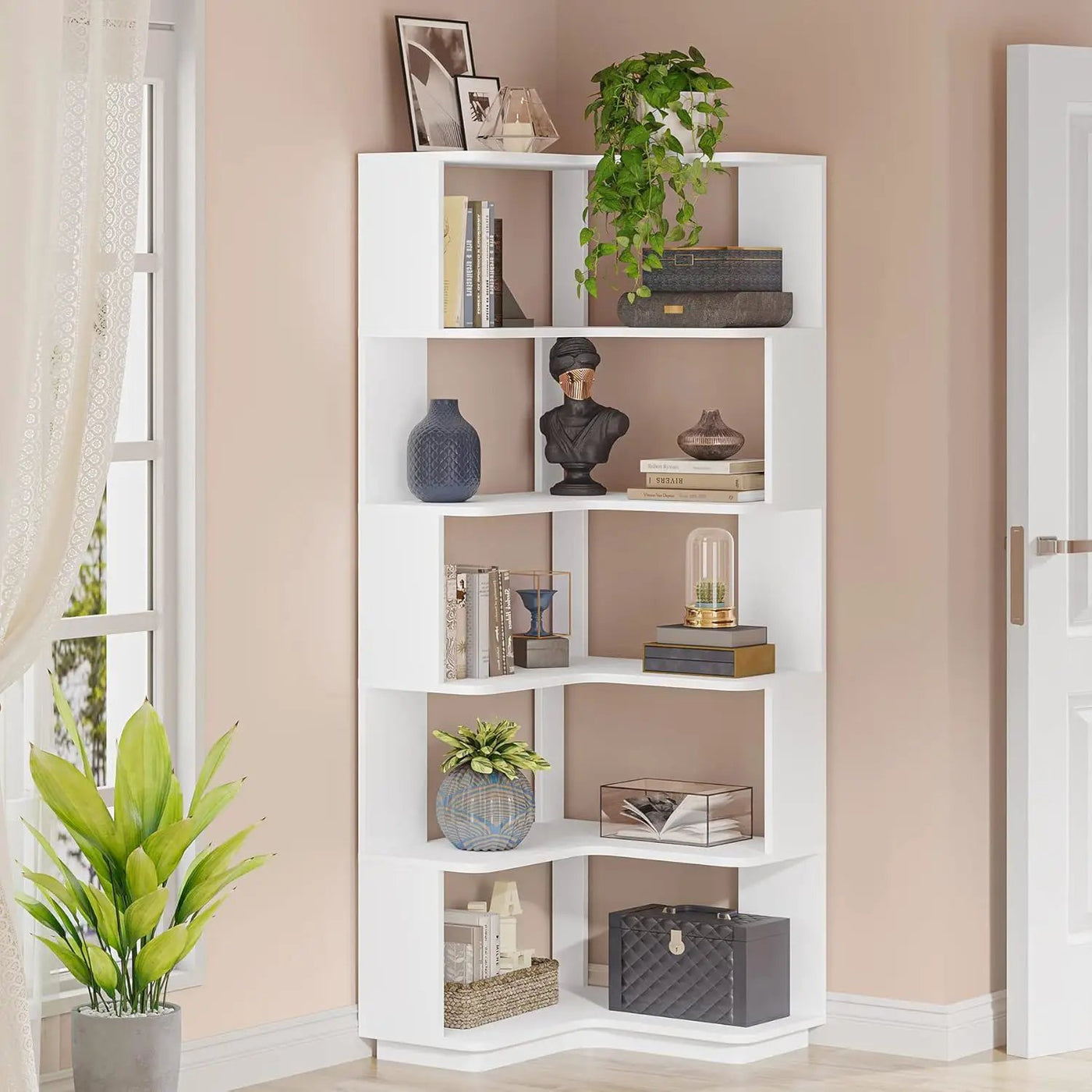 6 Tier Corner Bookshelf, L-Shaped Freestanding Shelf With Anti Drop Panels by HouseOfZazla