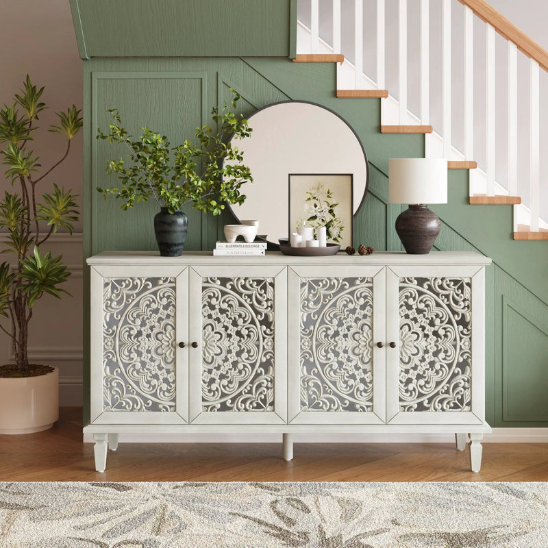 60" Antique Buffet Cabinet with Floral Carvings and Solid Wood Legs by HouseOfZazla
