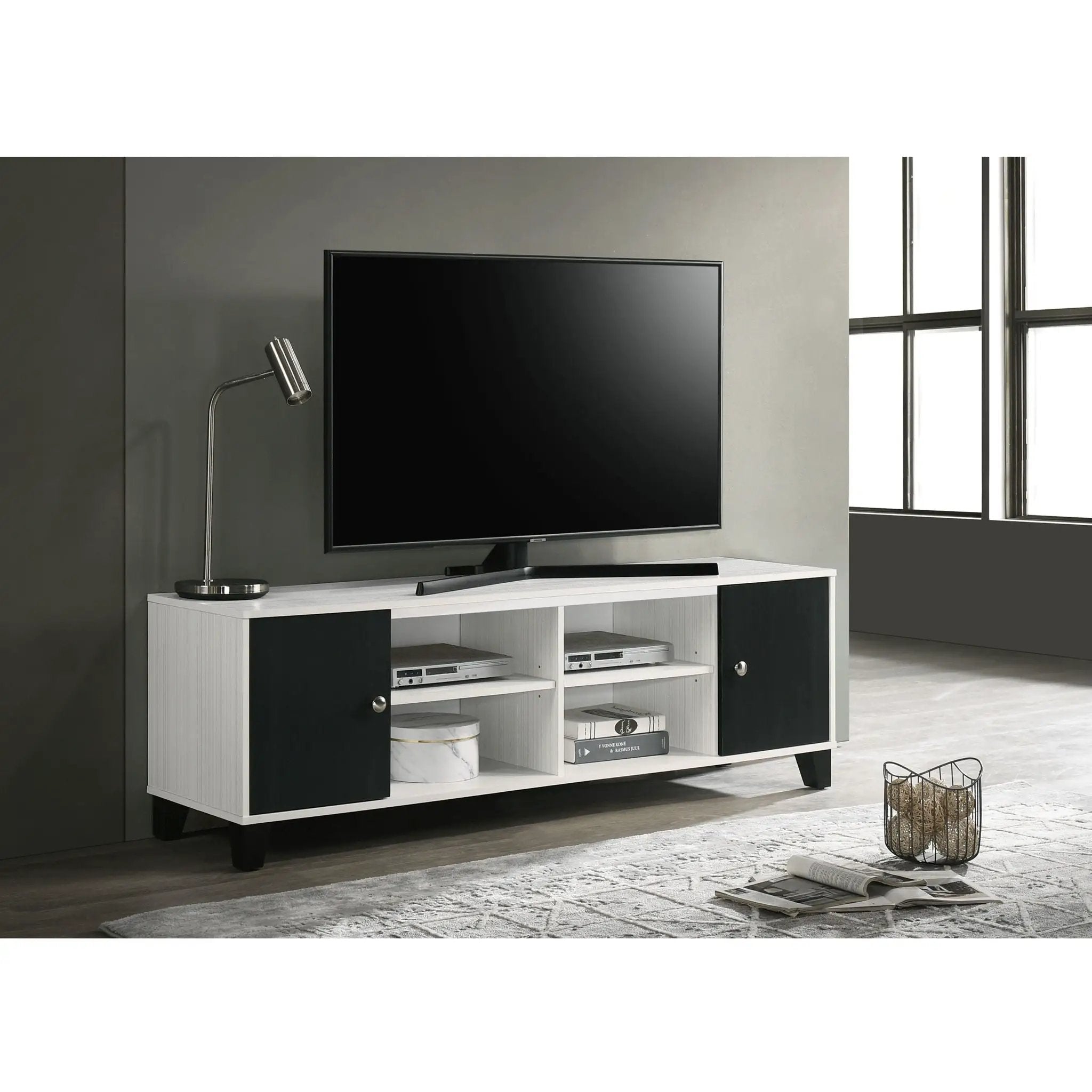2 Tone TV Stand With Open Shelving And Concealed Storage Living Room Furniture - Black / White by Unique Piece Furniture