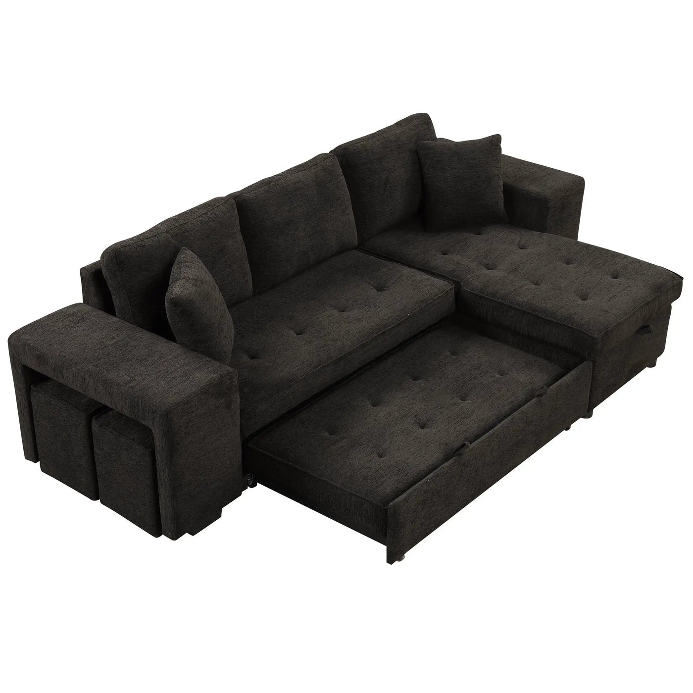 Modern L-Shape 3 Seat Reversible Sectional Couch, Pull Out Sleeper Sofa With Storage Chaise And 2 Stools For Living Room Furniture Set by HouseOfZazla