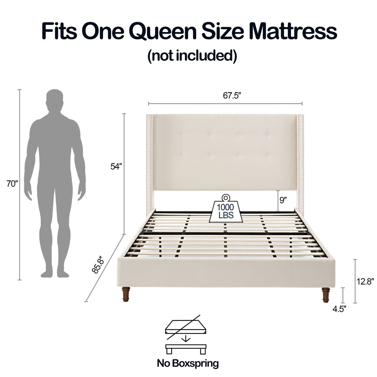 Upholstered Bed with 54" High Headboard and Hand Buttoned Tufting - White or Blue, photo 16 of 40