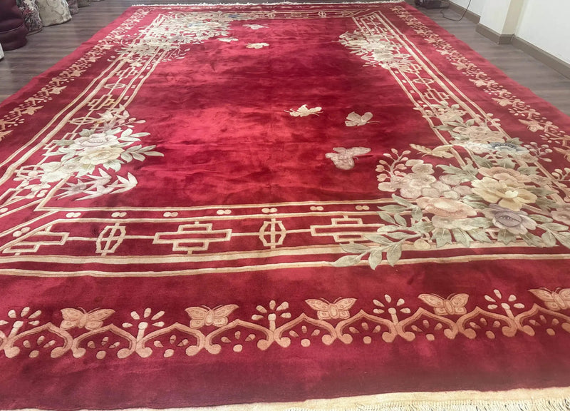 Palace Size Chinese Wool Rug 12x18, Red Art Deco Chinese Carving Carpet, Butterflies Flowers by Jewel Rugs