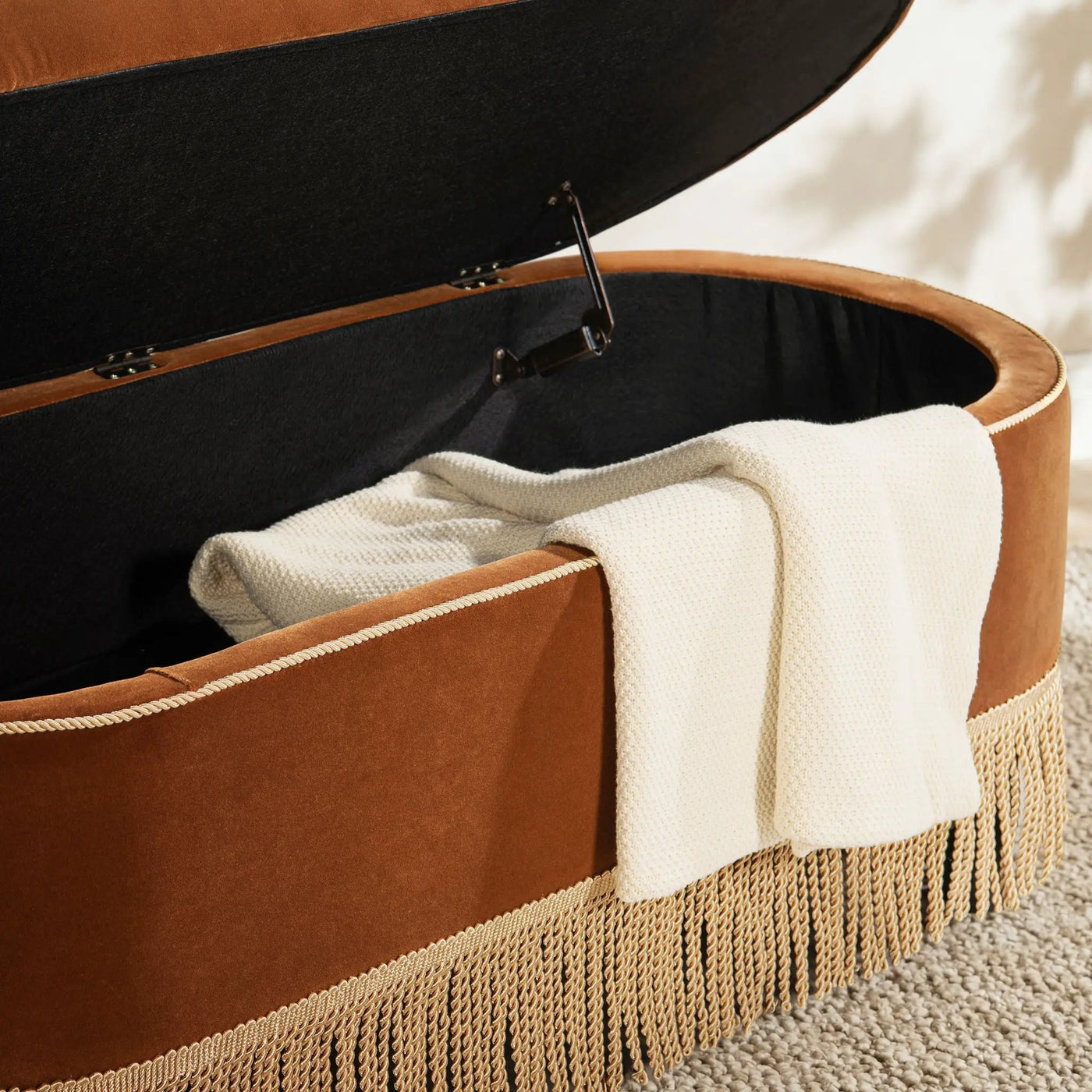 Melinda - Oval Tufted Bullion Fringe Storage Bench by HouseOfZazla