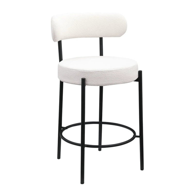 Modern Sherpa Counter Height Stools, Uphsoltered Seat Height Barstools With Brushed Brass Metal Legs Round Low Back Kitchen Stools With Footrest For Dining Room (Set of 2) by Unique Piece Furniture