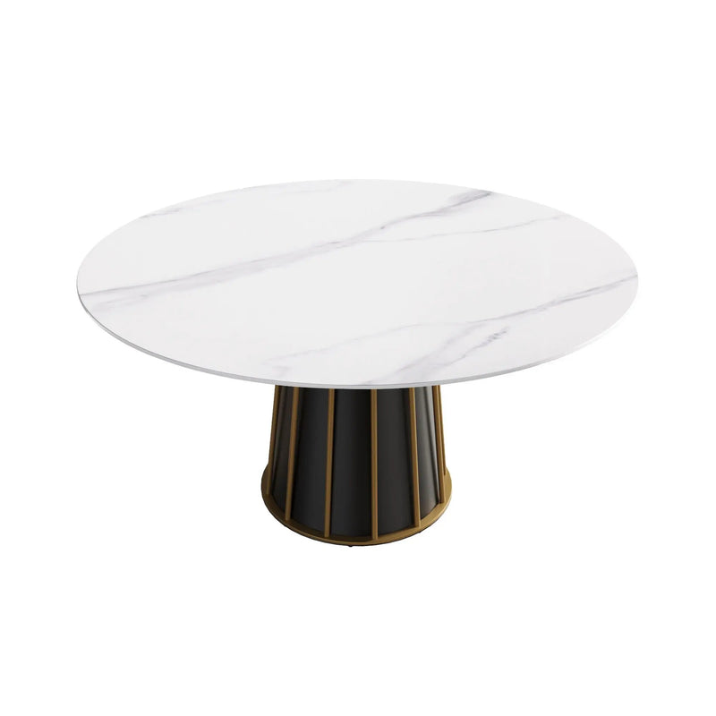 59.05" Modern Artificial Stone Round Panel Metal Iron Base Dining Table, Can Accommodate 8 People, (Not Including Chairs) - White / Black by HouseOfZazla