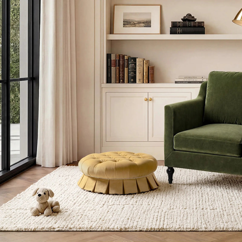 Roquefort 24.5" Round Tufted Velvet Pet Bed with Box-Pleated Skirt by HouseOfZazla