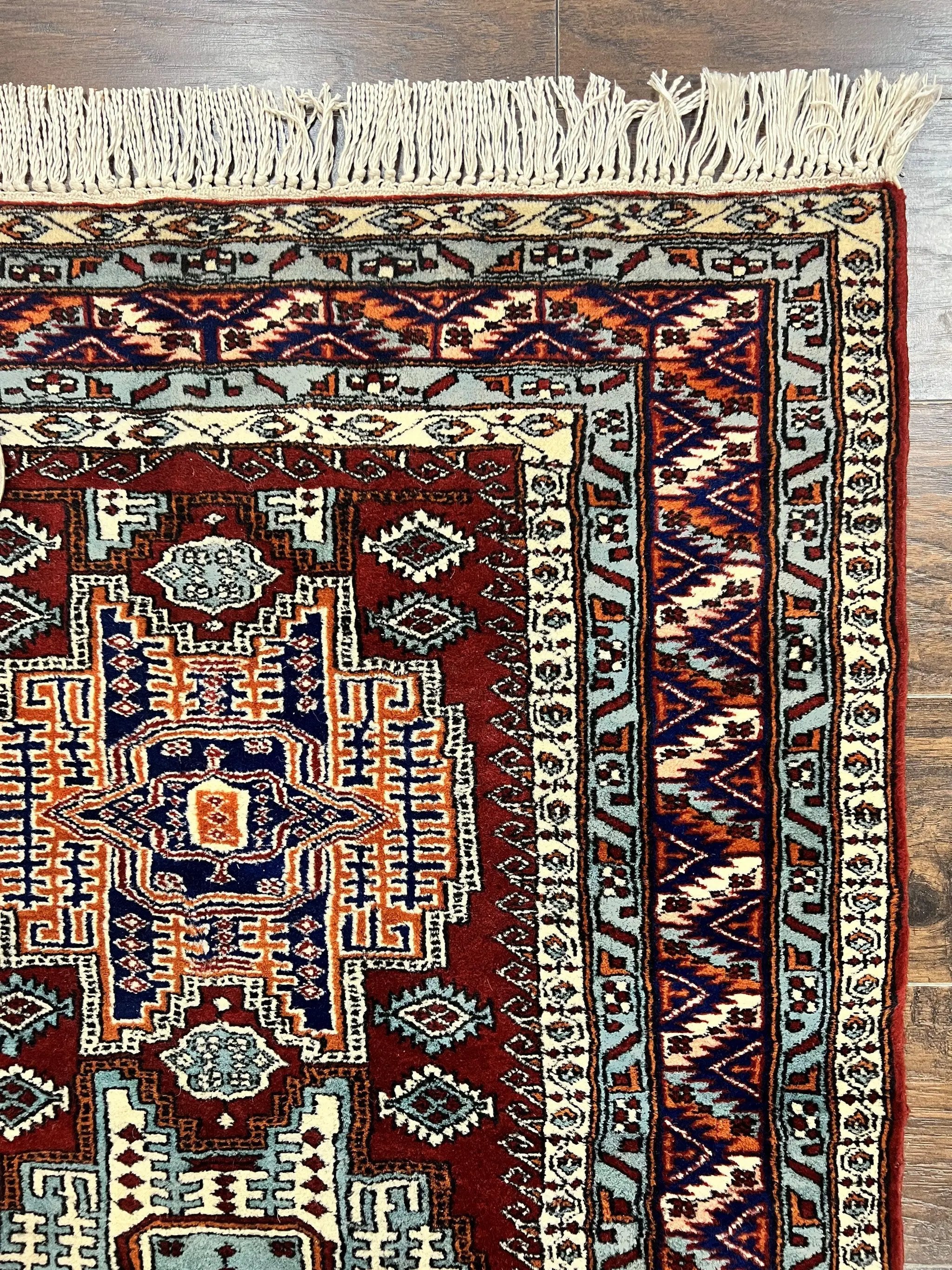 Pakistani Rug 3x5 ft, Caucasian Kazak Design, Geometric Rug, Small Vintage Oriental Carpet, Dark Red Vintage Handmade Wool Rug 3 x 5 by Jewel Rugs