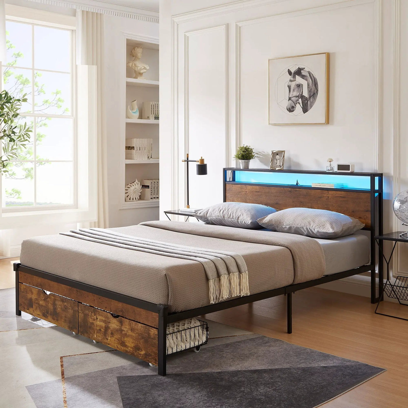 Modern Metal Platform Bed Frame With Wooden Headboard And Footboard, USB Charging Station, LED Lights, 2 Drawers by HouseOfZazla