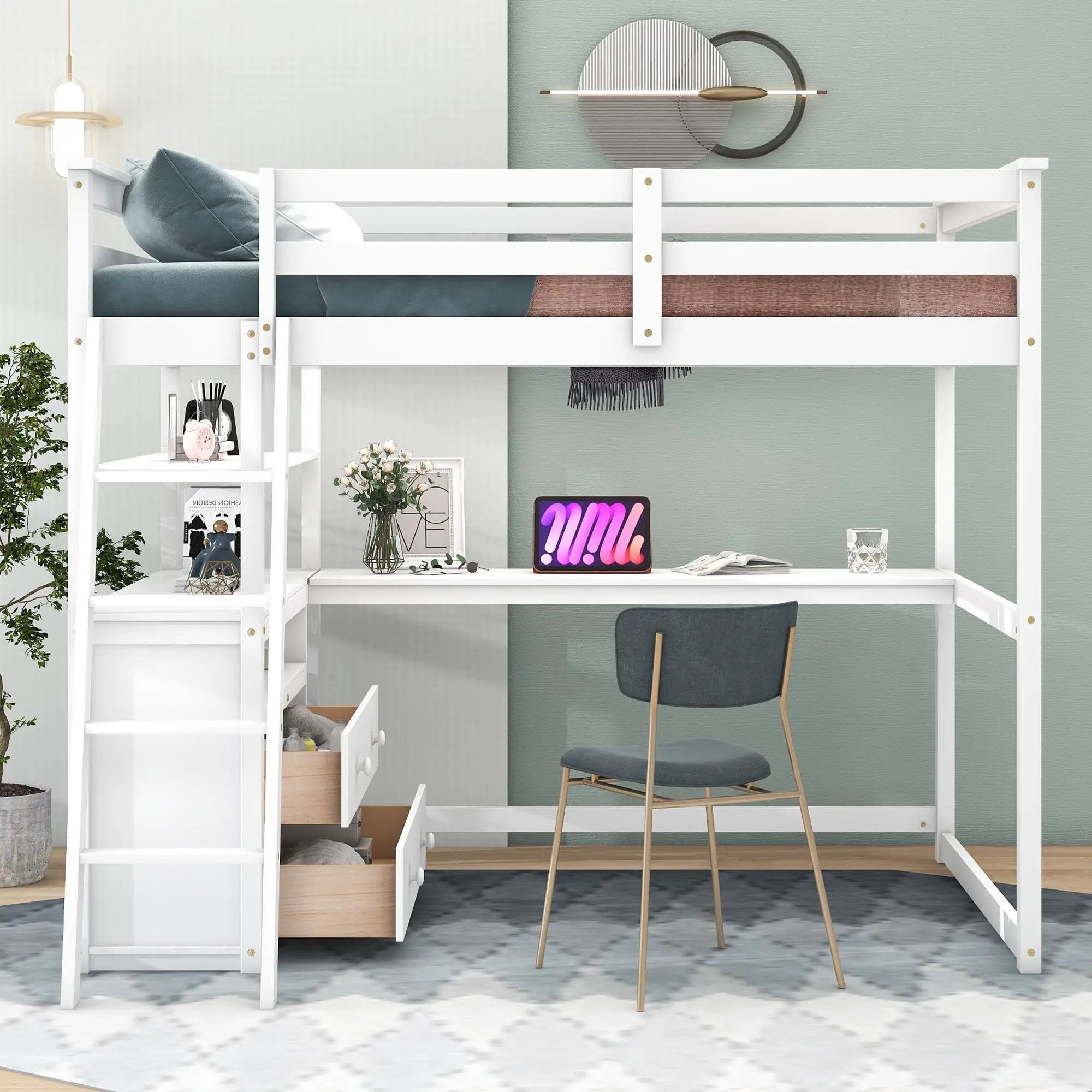 Modern Loft Bed With Built In Desk, Shelves, And 2 Drawers by Unique Piece Furniture