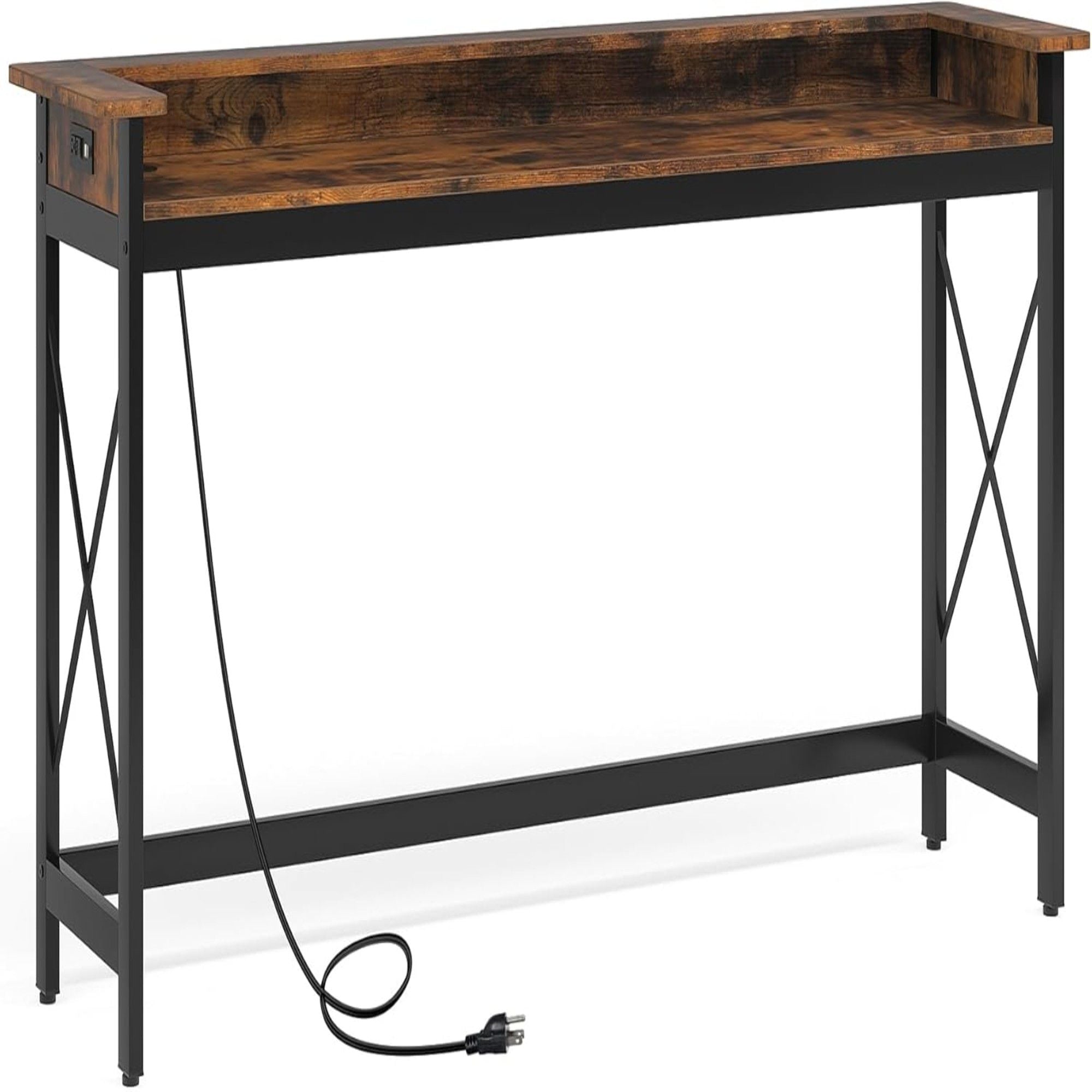Console Table With Charging Station, Extra Long For Living Hallway - Brown / Black by HouseOfZazla