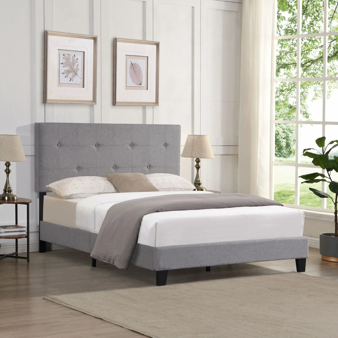 Modern Upholstered Platform Bed Frame With Button Tufted Headboard And Wood Slat Support by HouseOfZazla