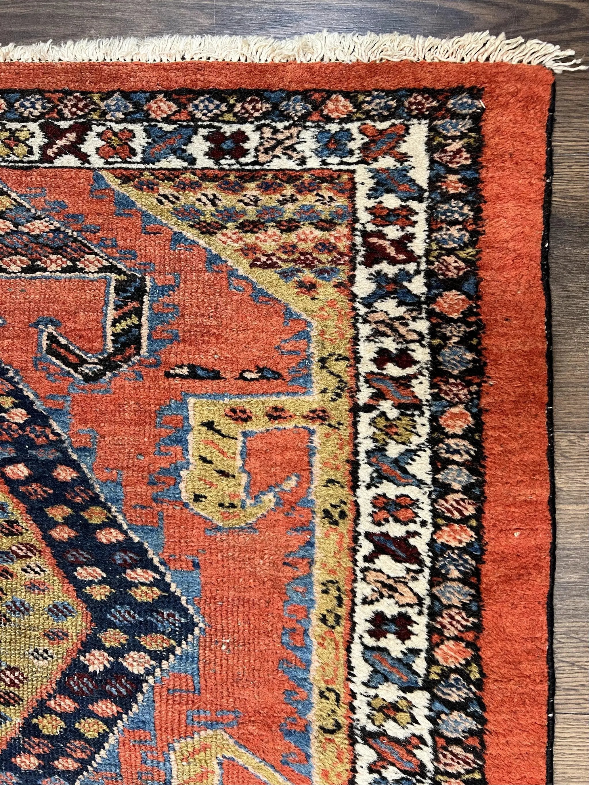 Rare Persian Tribal Runner Rug 3 x 11, Sarab Serab Persian Runner, Antique 1920s Collectible Geometric Medallions Oriental Wool Runner, Hand Knotted, Bright Orange-Red by Jewel Rugs