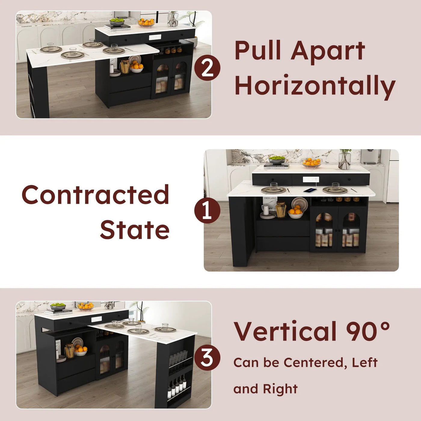 Retro Kitchen Island Set With Chairs, Extendable & Rotating Table, 4 Drawers & Door Cabinets by Unique Piece Furniture