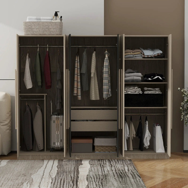 6 Doors Wardrobe Storage For Bedroom, With 2 Drawers Inside - Black / Nature by HouseOfZazla