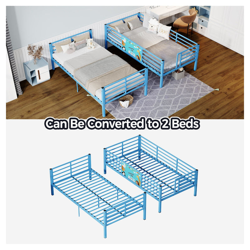 Bunk Bed, Convertible To 2 Separate Twin Size Beds With Full Length Guardrail & Ladder, No Box Spring Needed - Blue by HouseOfZazla