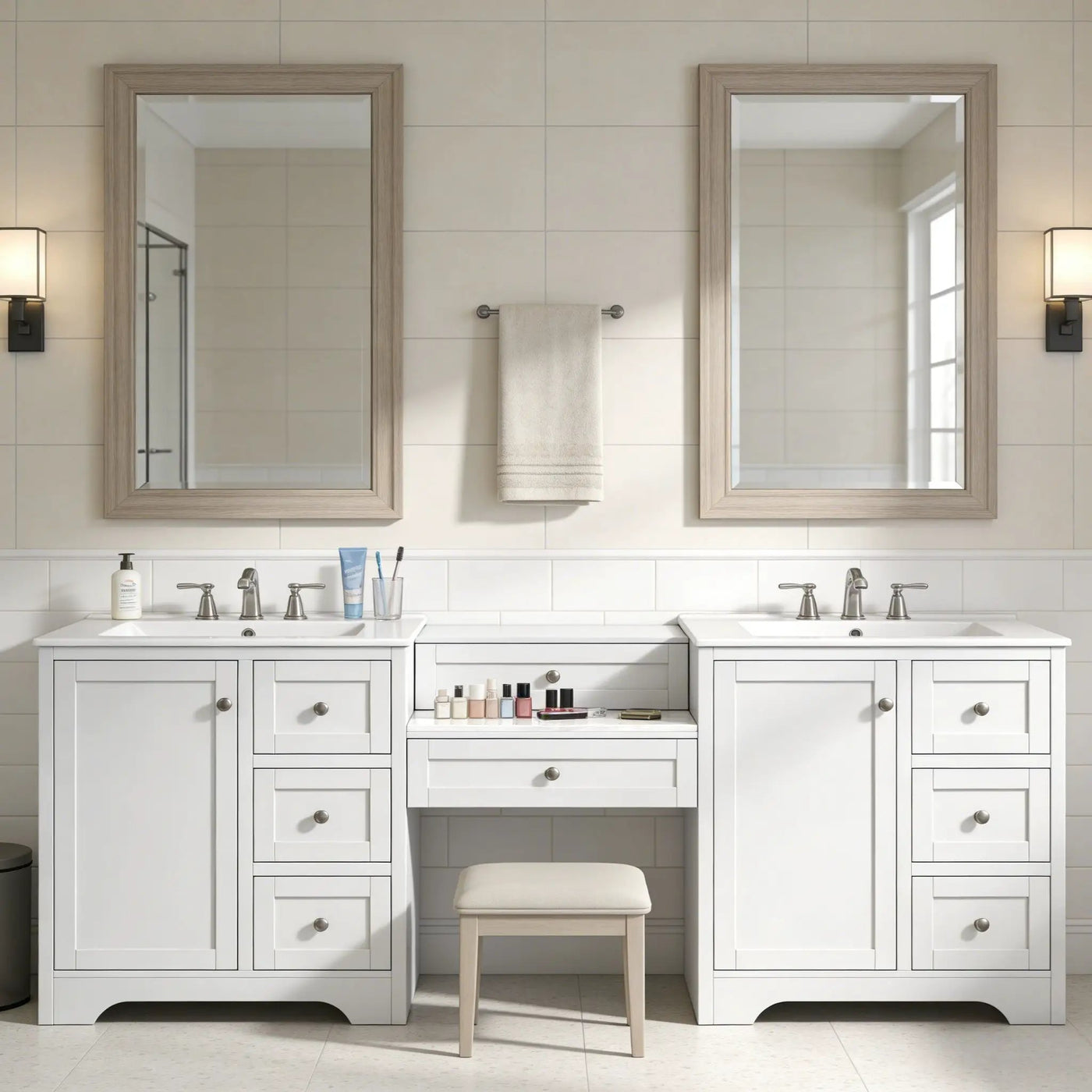 Double Sink Bathroom Vanity With Countertop, 2 Ceramic Sinks, 6 Drawers by HouseOfZazla