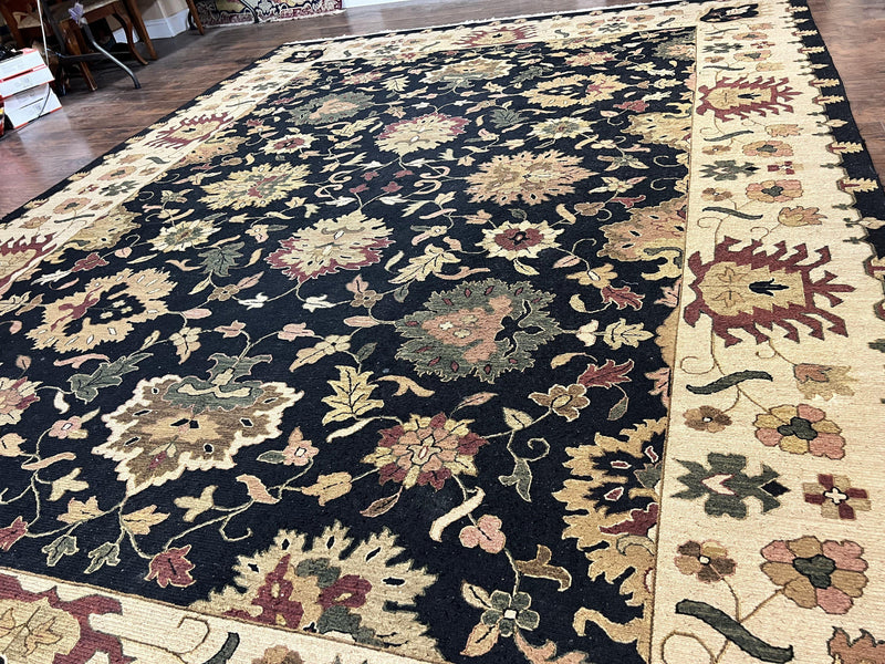 Indo Persian Rug 10x14, Wool Handmade Room Sized Floral Oriental Carpet, Indian Mahal Flatweave Rug, Black Beige by Jewel Rugs