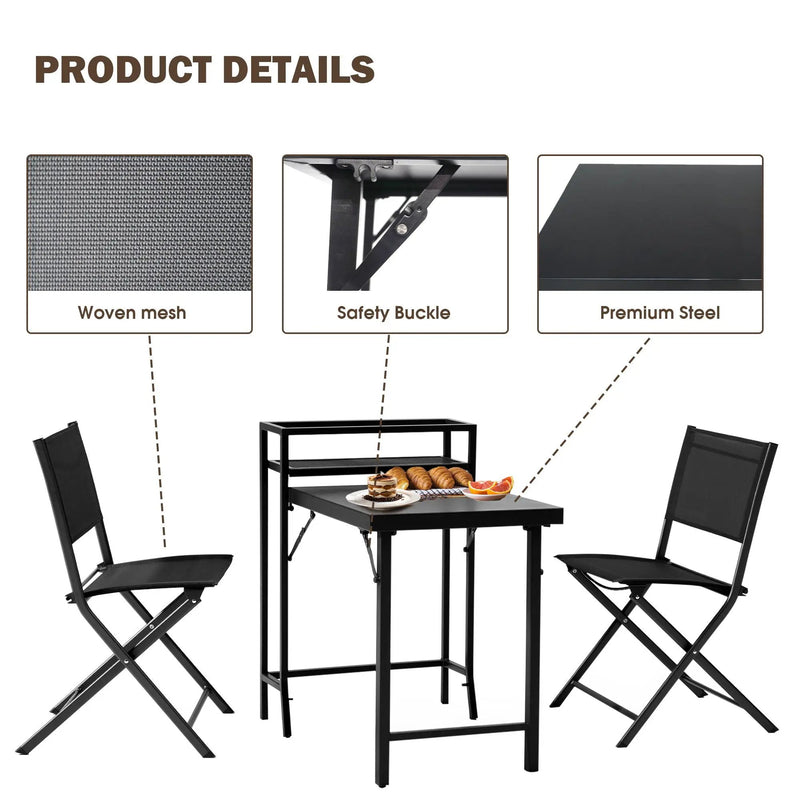 3 Piece Patio Bistro Set, Patio Set Of Foldable Patio Table And Chairs, Outdoor Patio Furniture Sets - Black by HouseOfZazla
