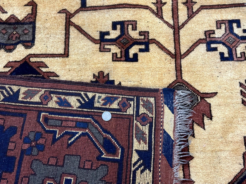 Afghan Heriz Rug 9x12, Tribal Geometric Serapi Carpet, Rust Cream and Navy, Wool on Wool by Jewel Rugs