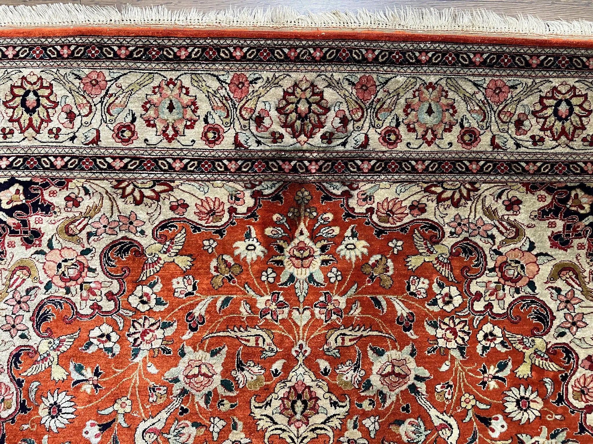 Persian Qum Silk Rug 5x7 - Floral Medallion, Birds, Orange-Red by Jewel Rugs