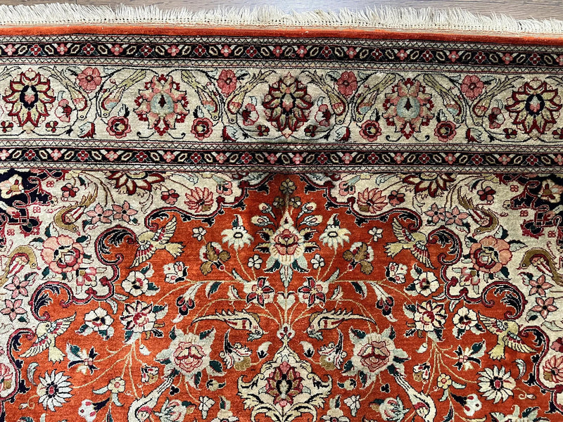 Persian Qum Silk Rug 5x7 - Floral Medallion, Birds, Orange-Red by Jewel Rugs