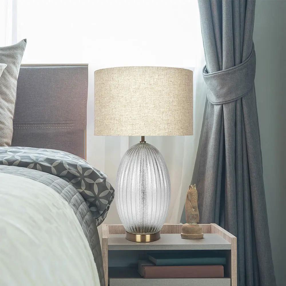Aurora - Ribbed Lamp Base Clear Table Lamp Large Linen Shade - Beige / Clear / Gold by Unique Piece Furniture