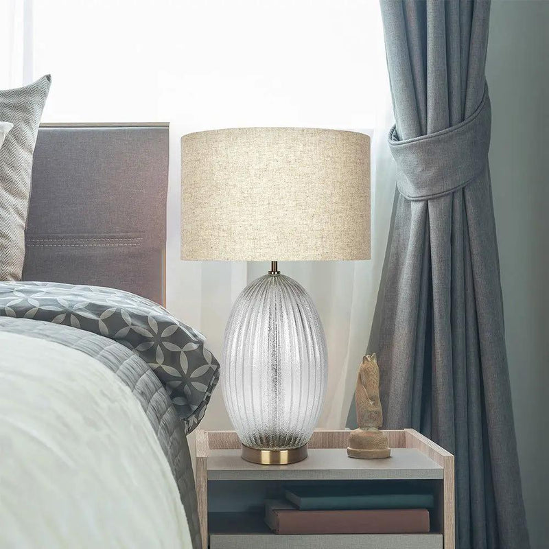 Aurora - Ribbed Lamp Base Clear Table Lamp Large Linen Shade - Beige / Clear / Gold by HouseOfZazla