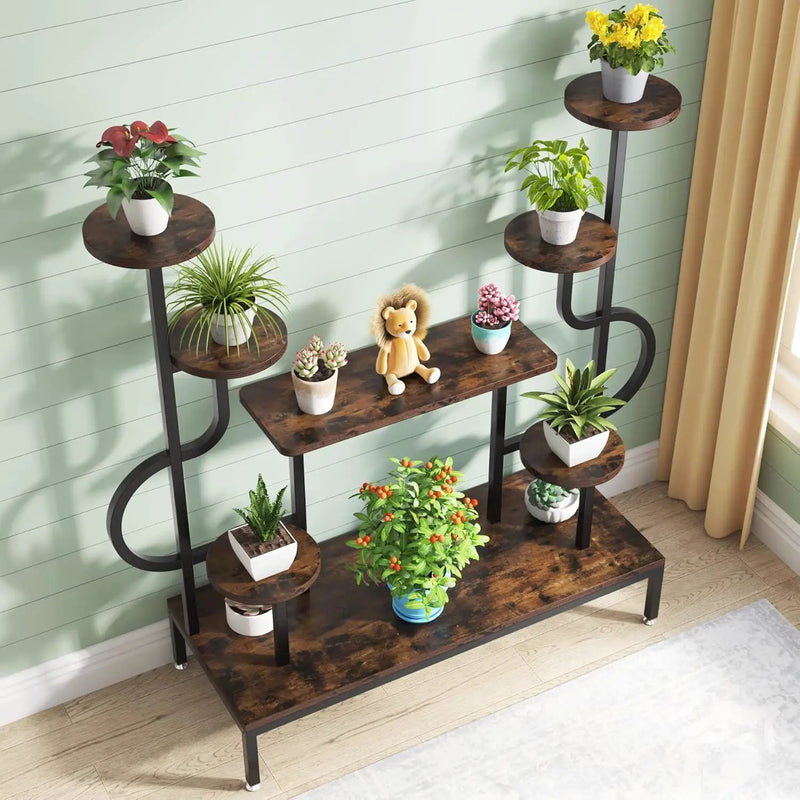8 Tier Plant Stand With Round And Square Shelves For Living Room, Patio, Balcony & Garden - Brown / Black by HouseOfZazla