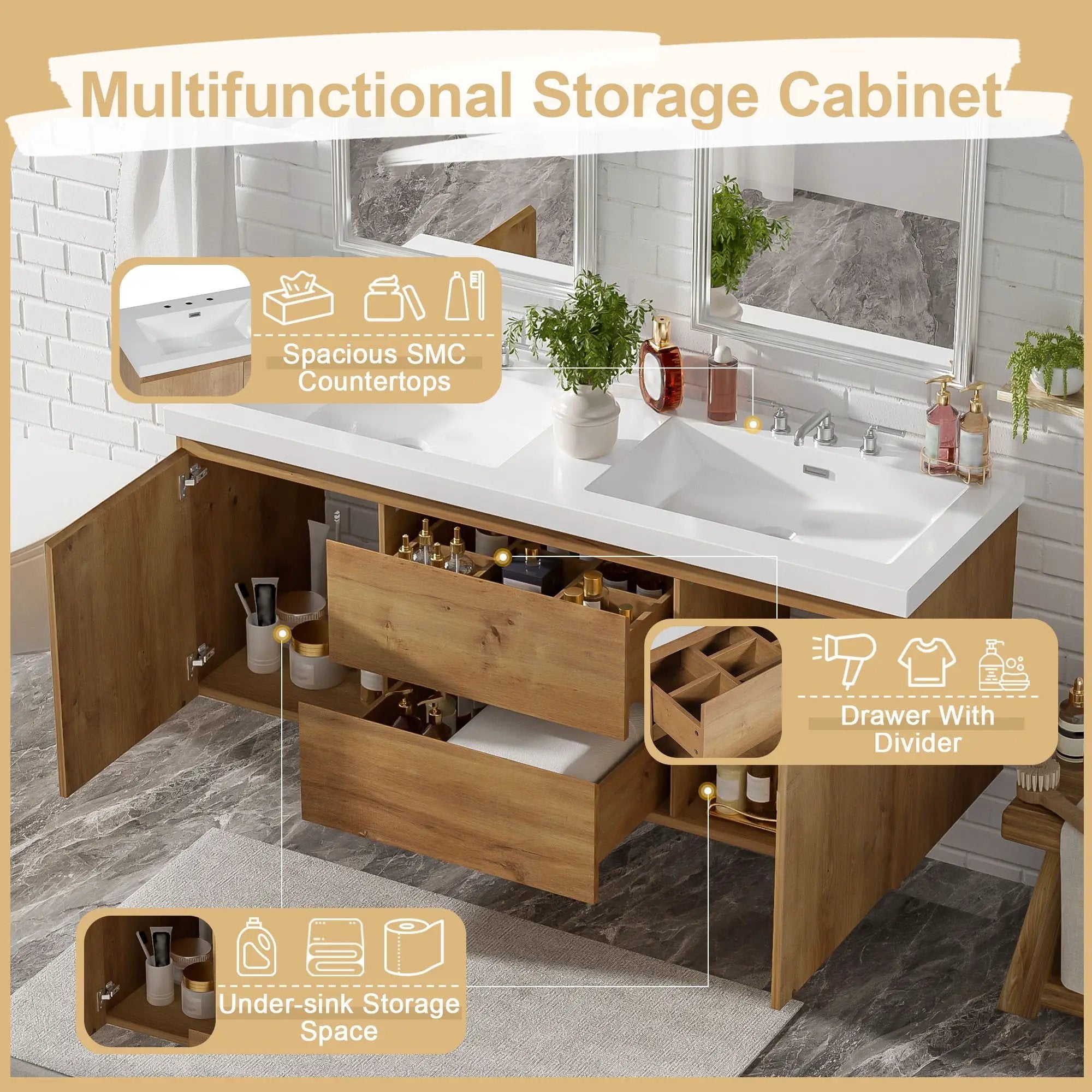 Double Sink Bathroom Vanity, Cabinet & Soft Close Doors, Divided Drawers, Wall Mounted Storage - Wood by HouseOfZazla