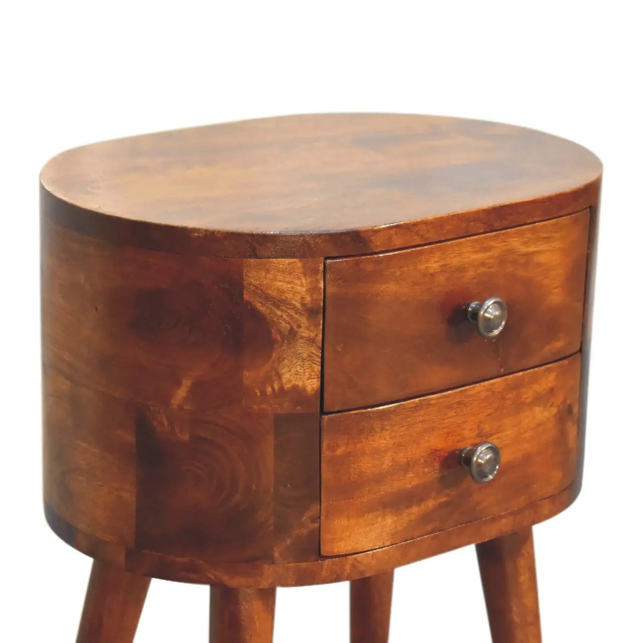 Solid Wood Mini Chestnut Rounded Nightstand, 2-Drawers, Nordic Legs by HouseOfZazla