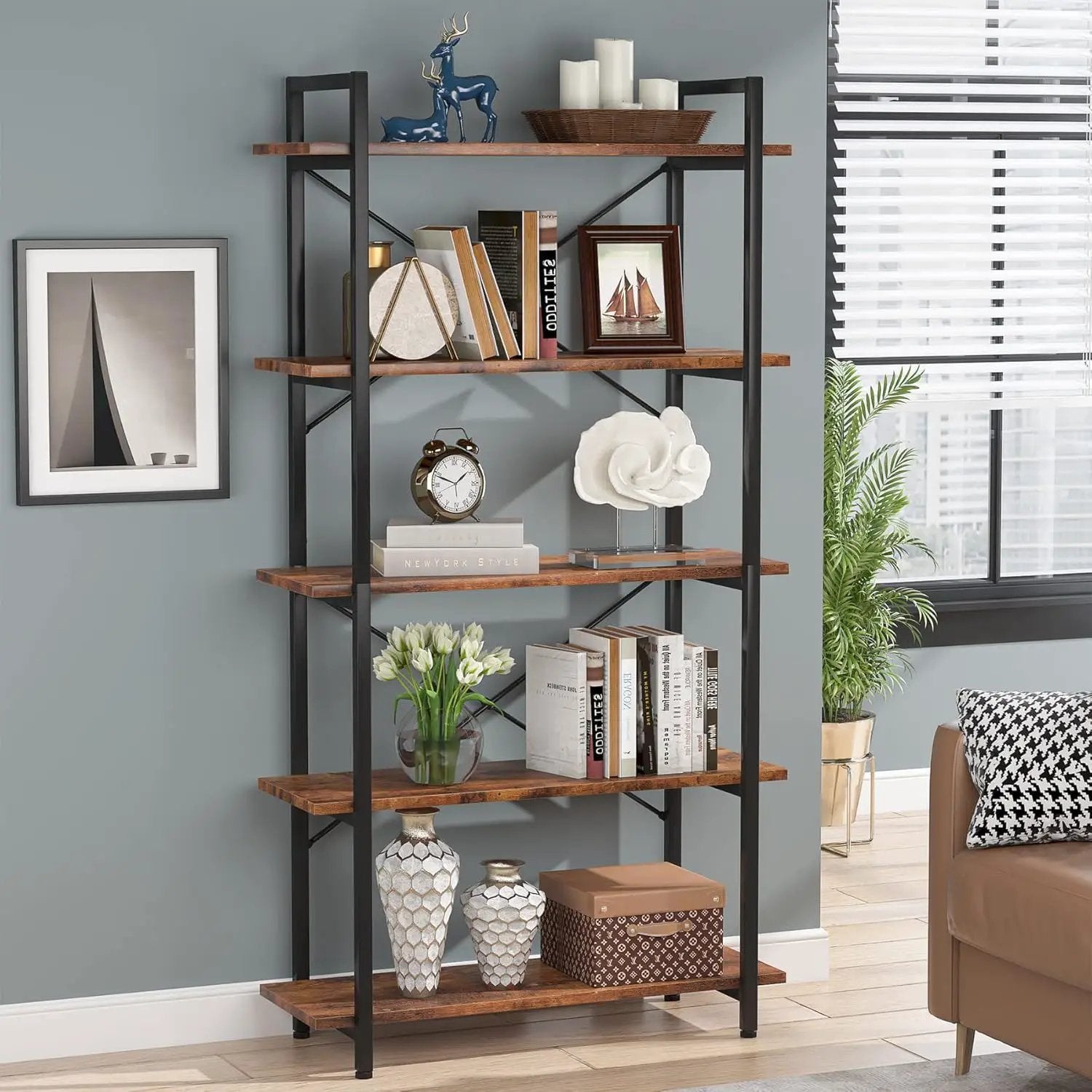 5 Tier Bookshelf Unit With Accents For Living Room - Black / Brown by HouseOfZazla
