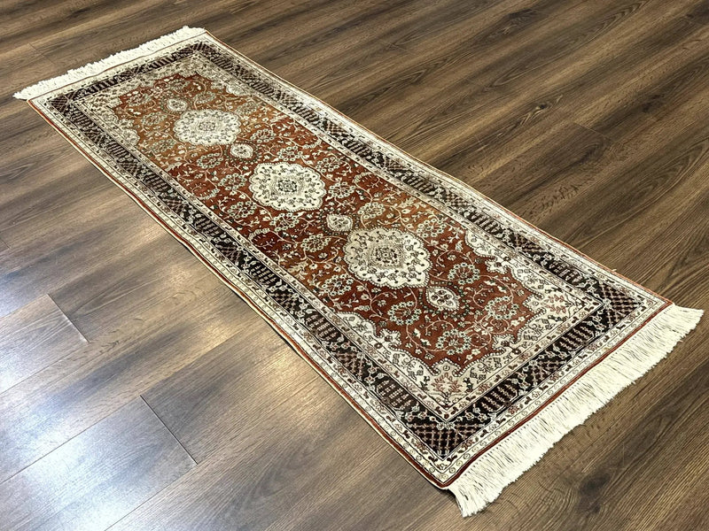 Turkish Silk Narrow Runner Rug 2 x 5.8, Very Fine 340 KPSI, Floral Medallions, Red by Jewel Rugs