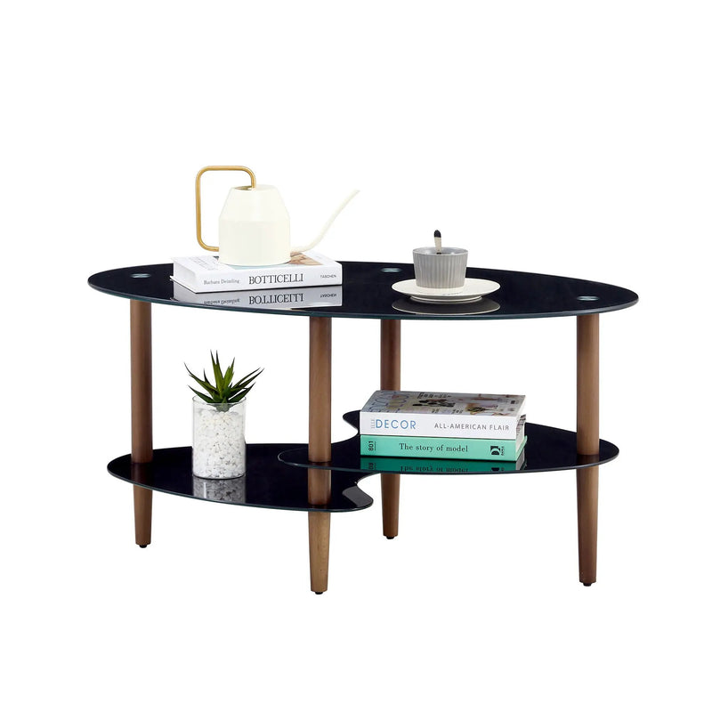 Oval Glass Coffee Table, Modern Table In Living Room Oak Wood Leg Tea Table 3-Layer Tempered Glass Table - Brown / Black by Unique Piece Furniture