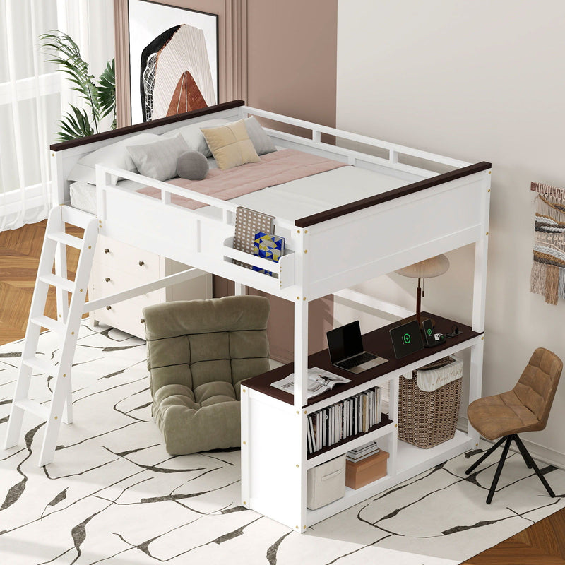Queen Size Loft Bed With Desk, Open Shelf, Storage Box And USB Charging Station - White by HouseOfZazla