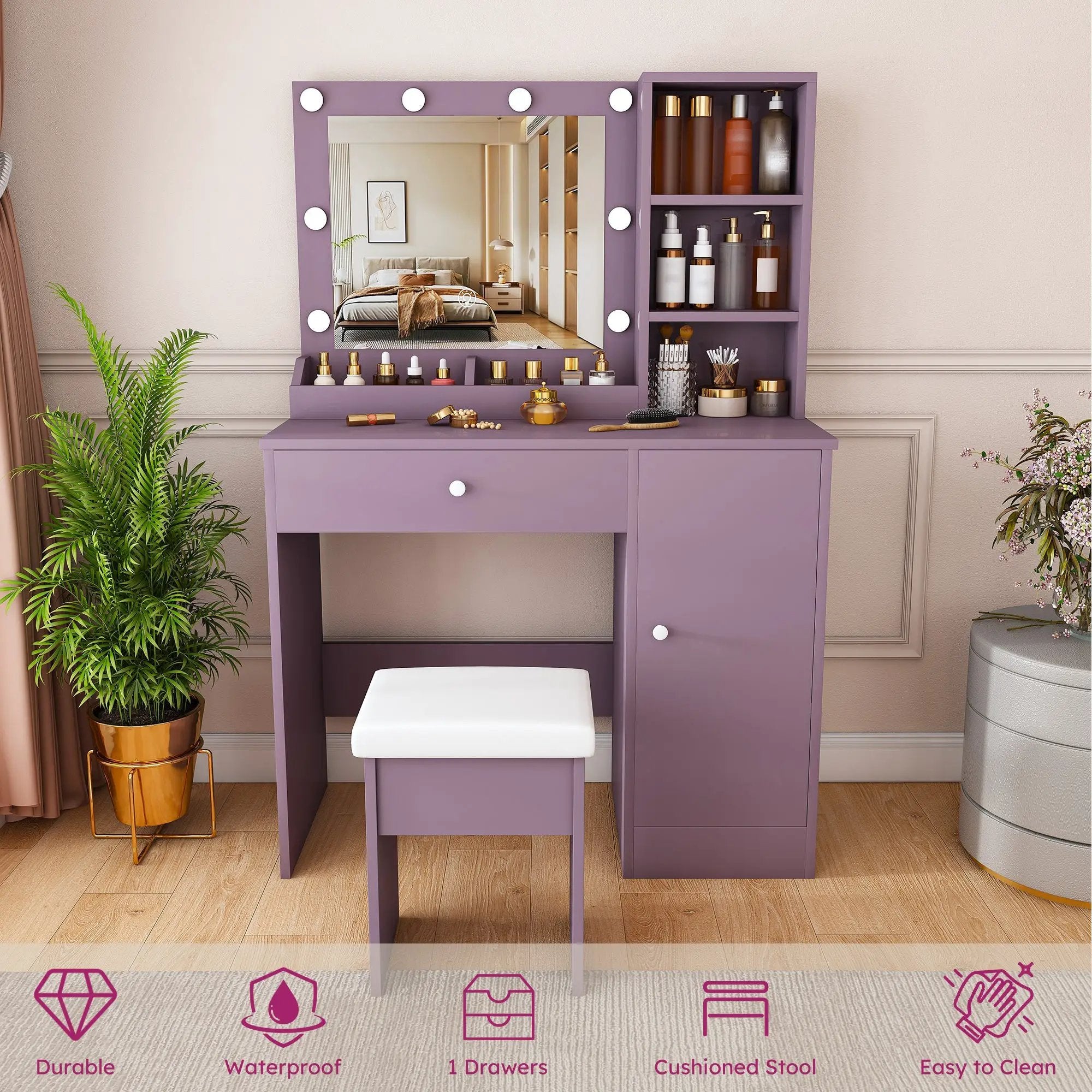 Stylish Vanity Desk Set with Padded Stool & Adjustable Lighted Mirror by HouseOfZazla