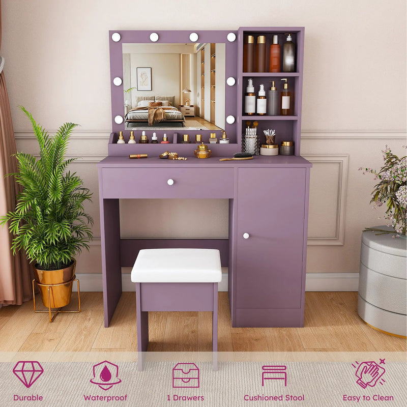 Stylish Vanity Desk Set with Padded Stool & Adjustable Lighted Mirror by HouseOfZazla
