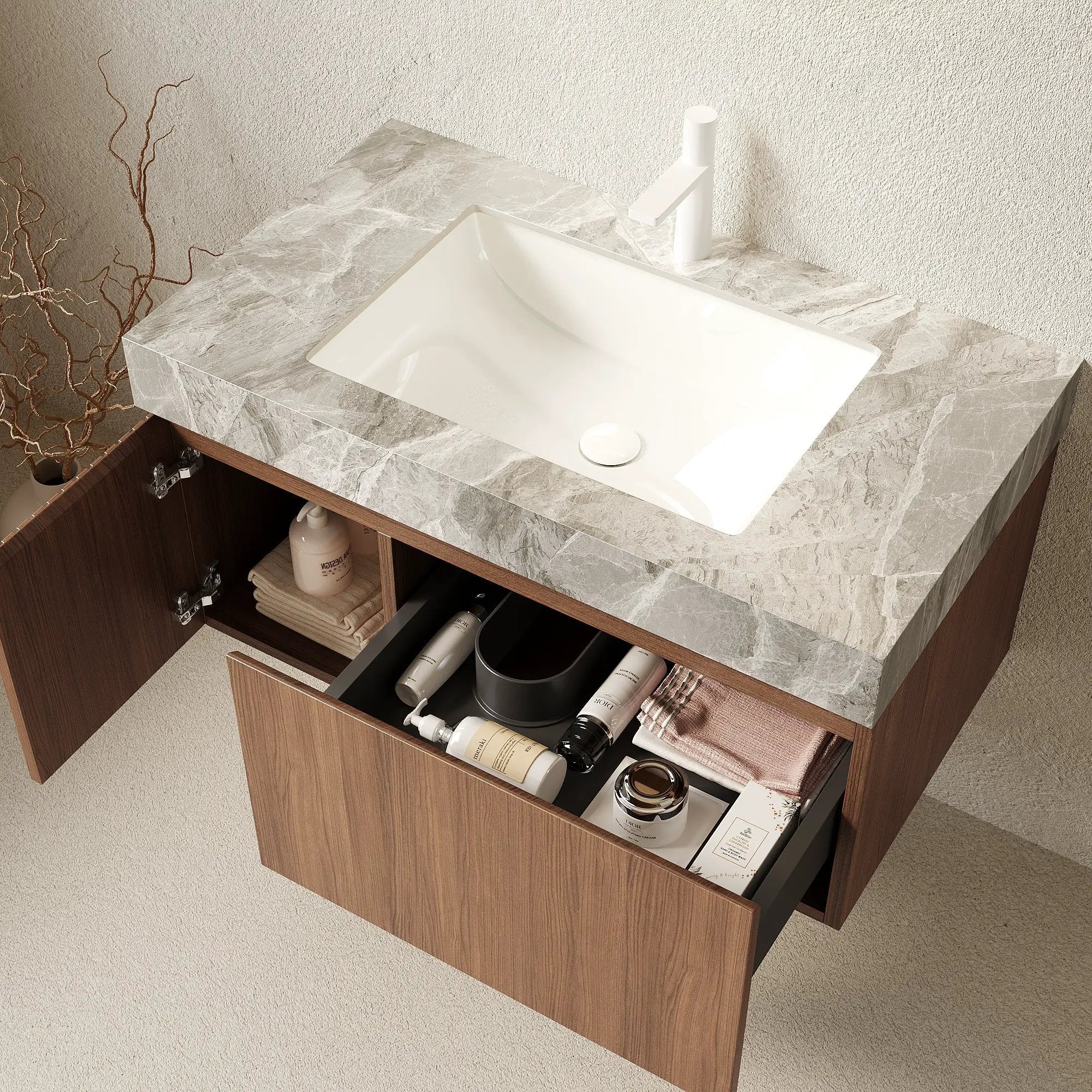 MURI 36" Bathroom Vanity & Sink, Floating Plywood Storage Cabinet with Drawer & Door by HouseOfZazla