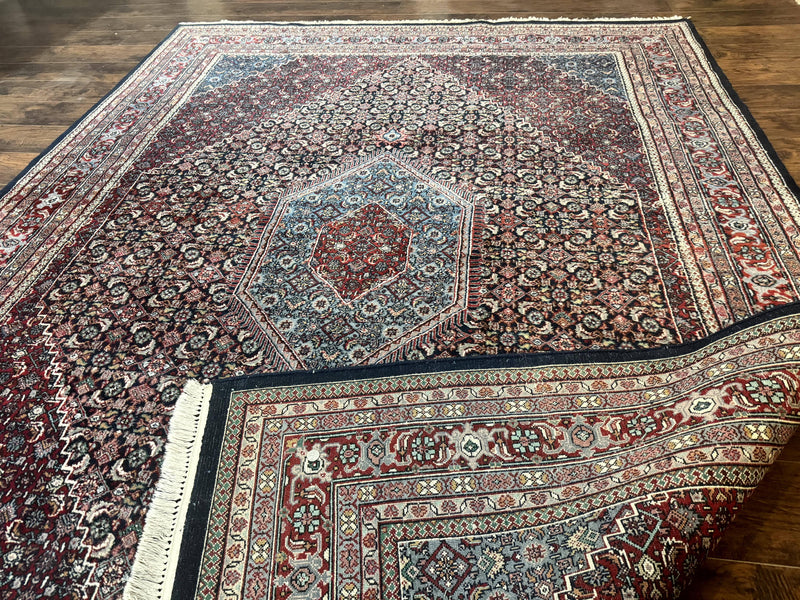 Indo Persian Bidjar Rug 8x11, Herati Mahi Pattern, Red Navy Blue, Handmade Vintage Wool Carpet by Jewel Rugs