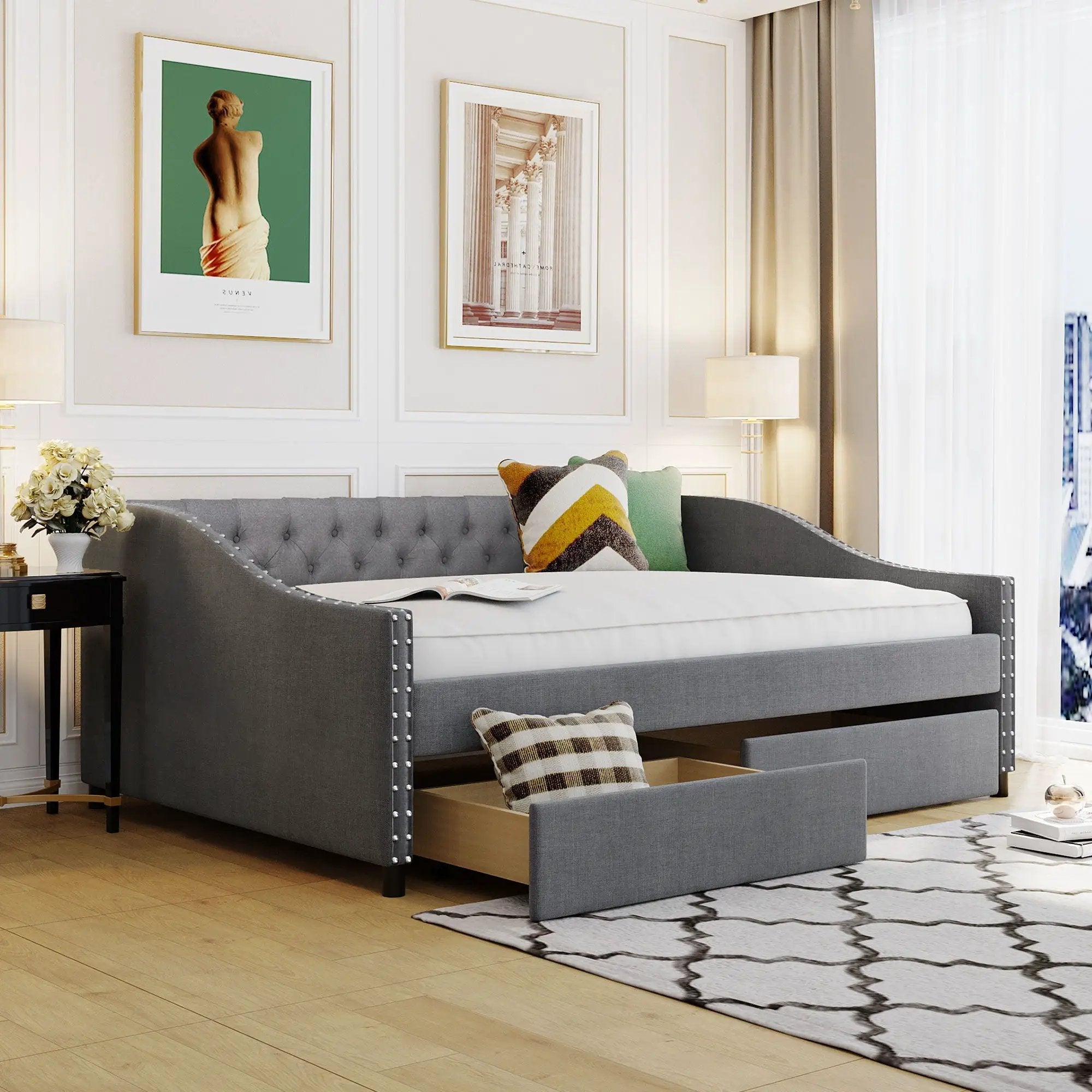 Upholstered Daybed With Two Drawers, Wood Slat Support by HouseOfZazla