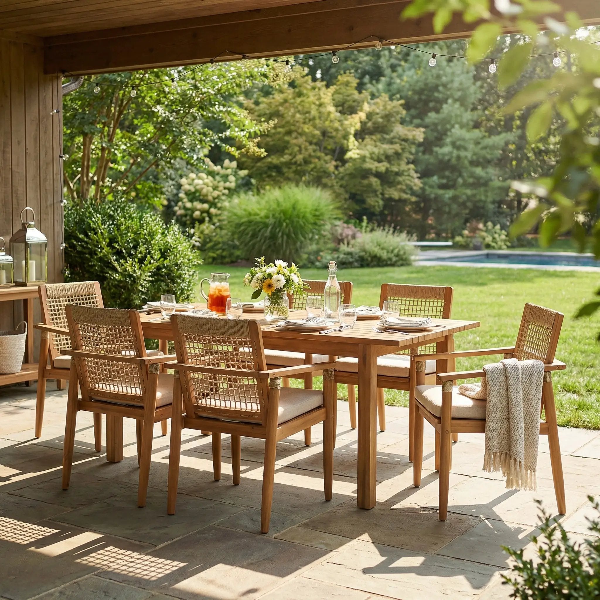 7 Pieces Acacia Wood Outdoor Dining Set with Cushions by HouseOfZazla