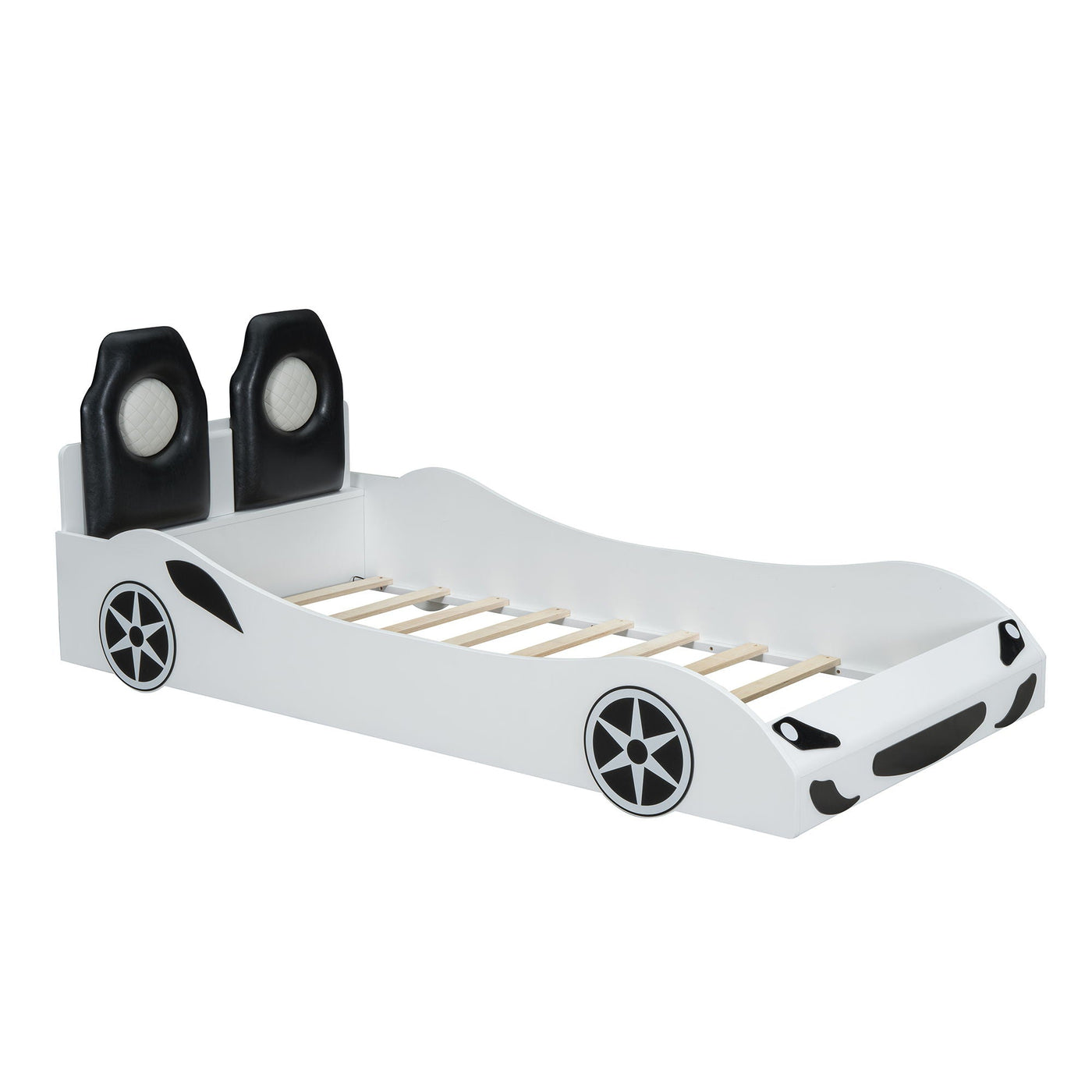 Race Car Shaped Platform Bed With LED And Upholstered Backrest In by HouseOfZazla