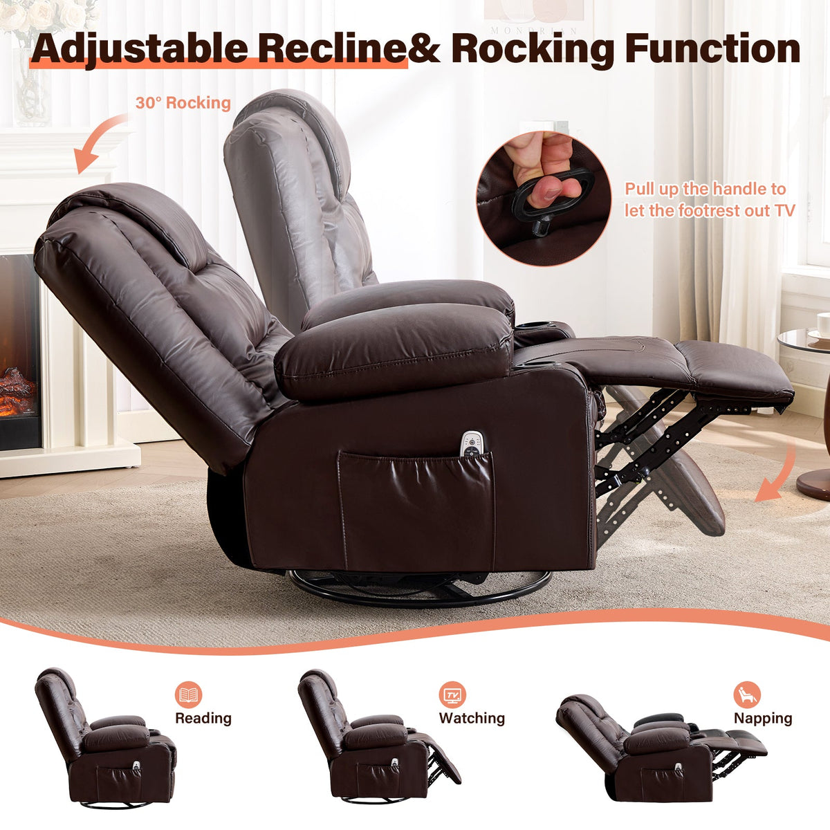 Rocker Recliner Chair with Massage and Heat - Leather, photo 5 of 8