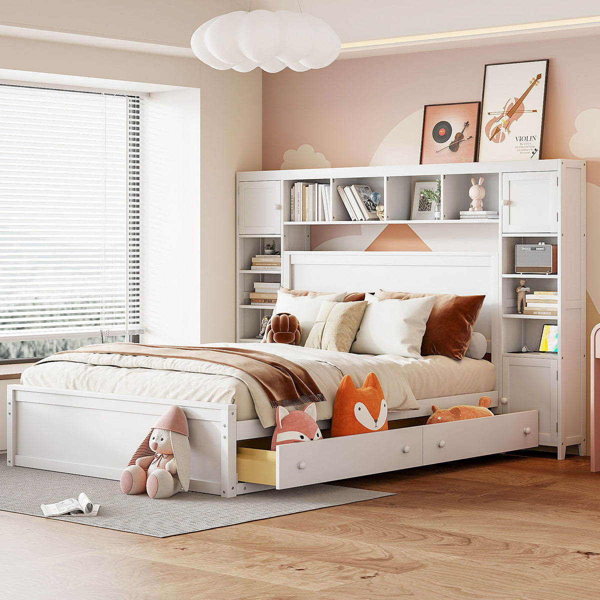 Queen Cabinet Bed with Shelves and Built-in Sockets - Dark Brown, White or Dark Gray, photo 3 of 12