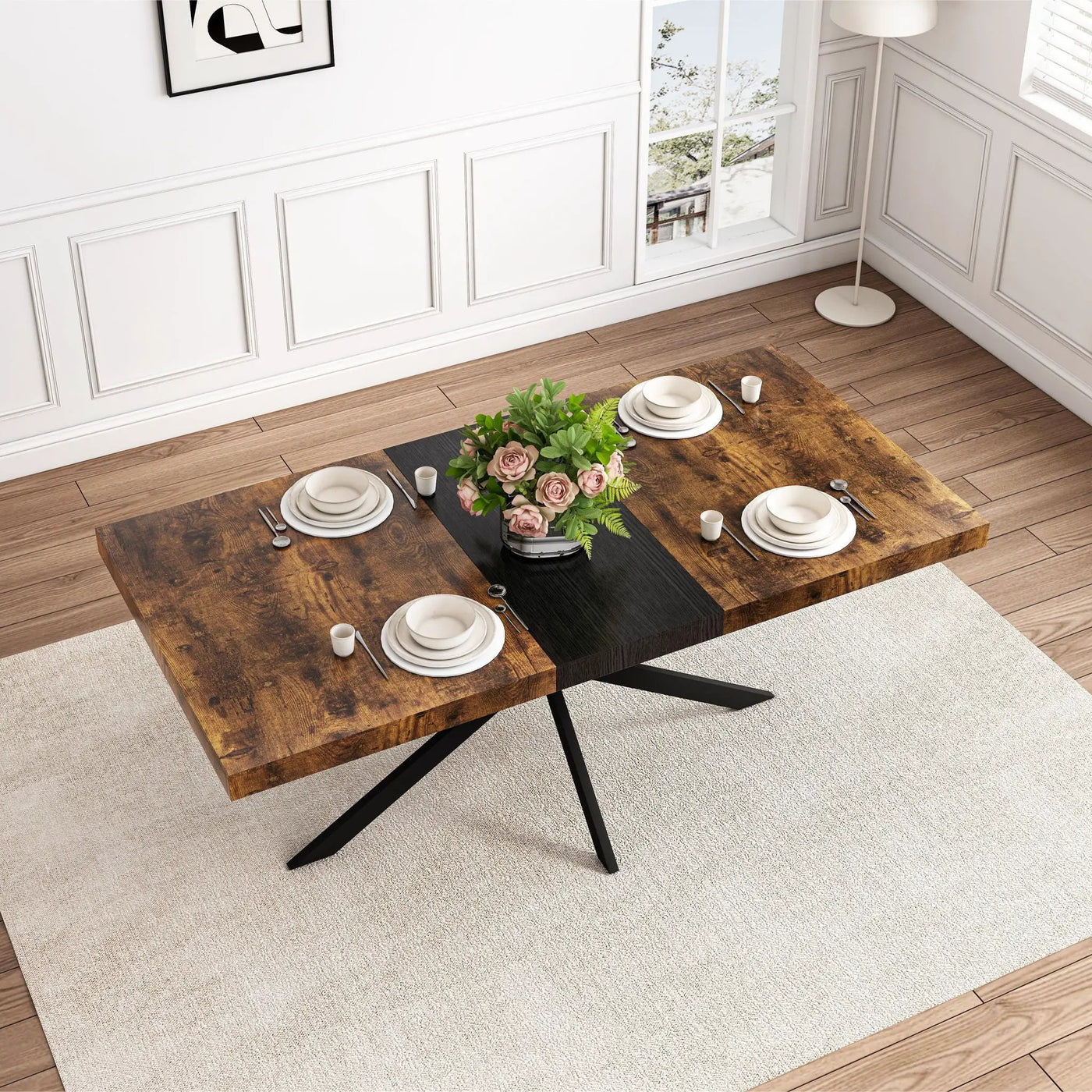 Retro Rectangular Stretch Dining Table With Embossed Center Plate by Unique Piece Furniture