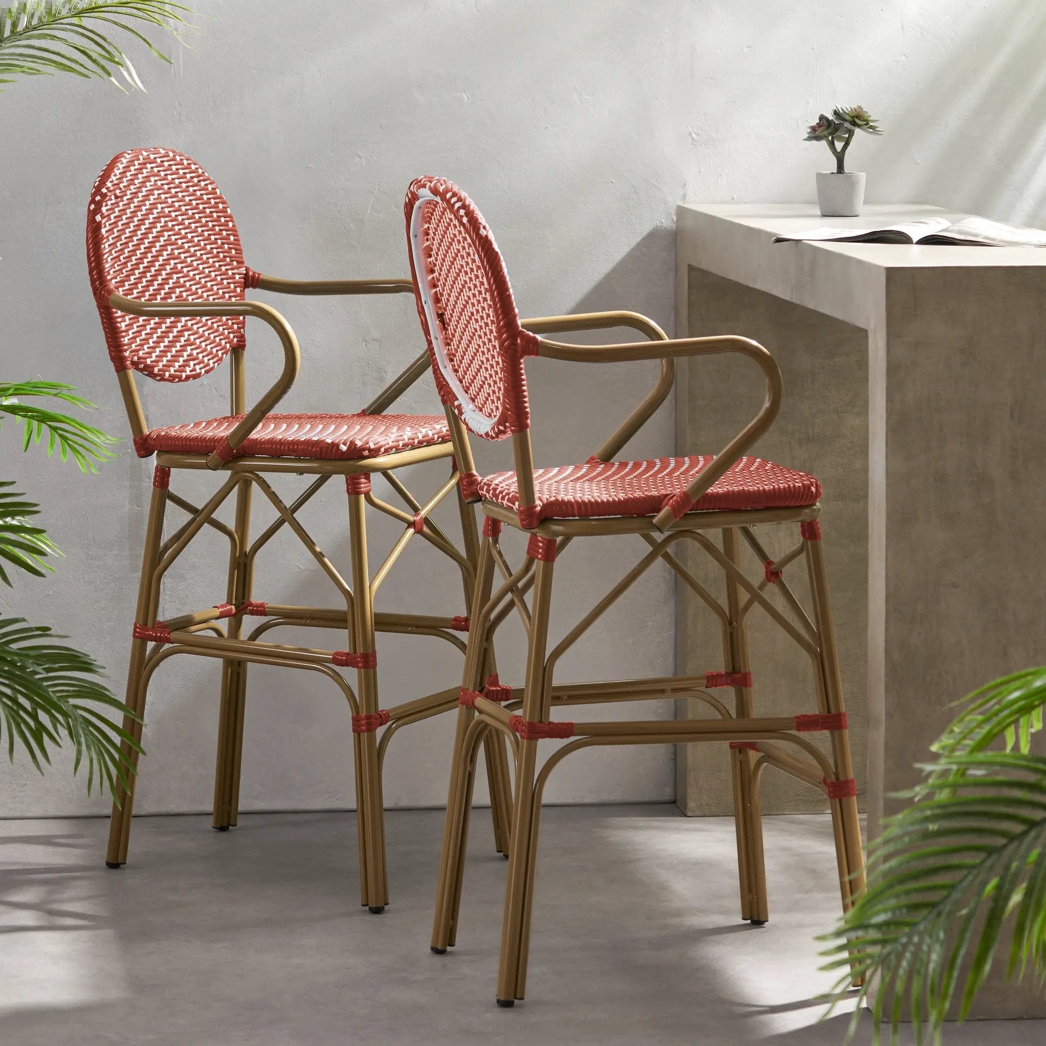 Outdoor Wicker and Aluminum French Barstools, Set of 2 by HouseOfZazla