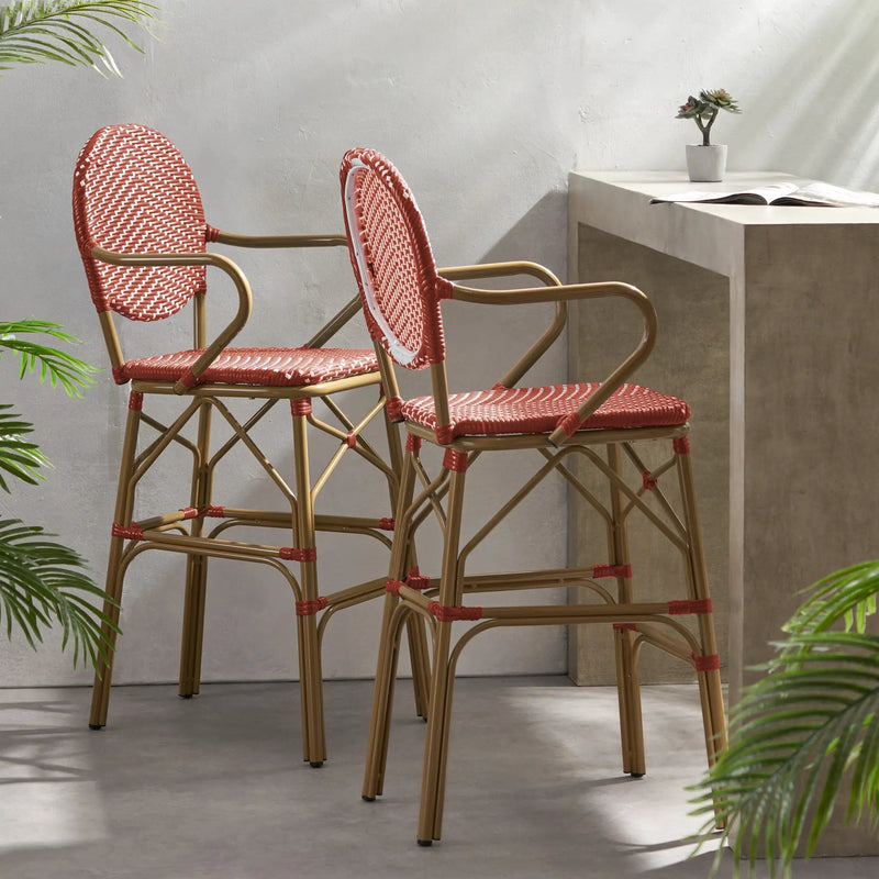 Outdoor Wicker and Aluminum French Barstools, Set of 2 by HouseOfZazla