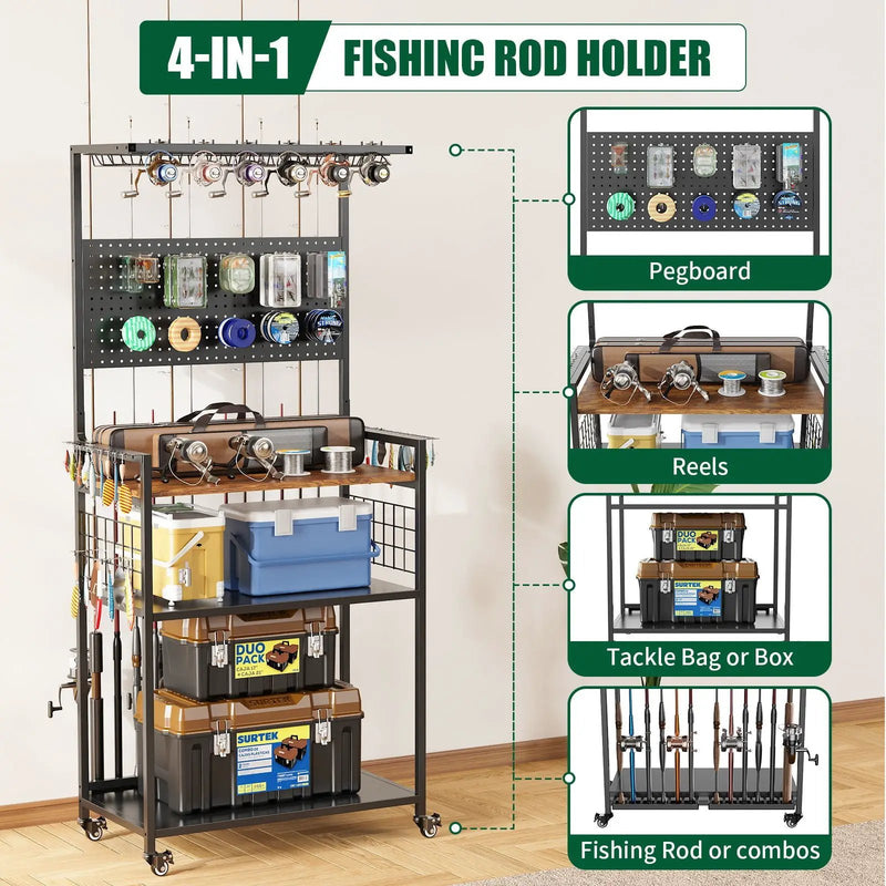 Fishing Rod Storage Rack With Pegboard, Rolling Tackle Organizer Cart - Black by HouseOfZazla